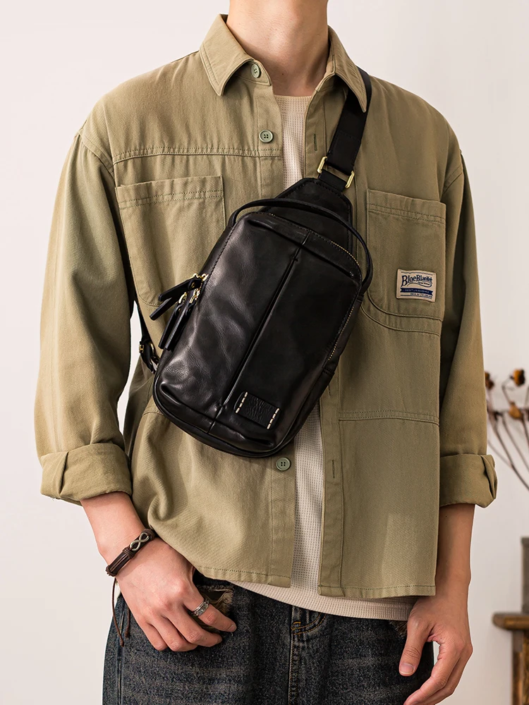 fashion outdoor sports genuine leather men's black chest bag Organizers designers handmade cow leather motorcycle crossbody bag
