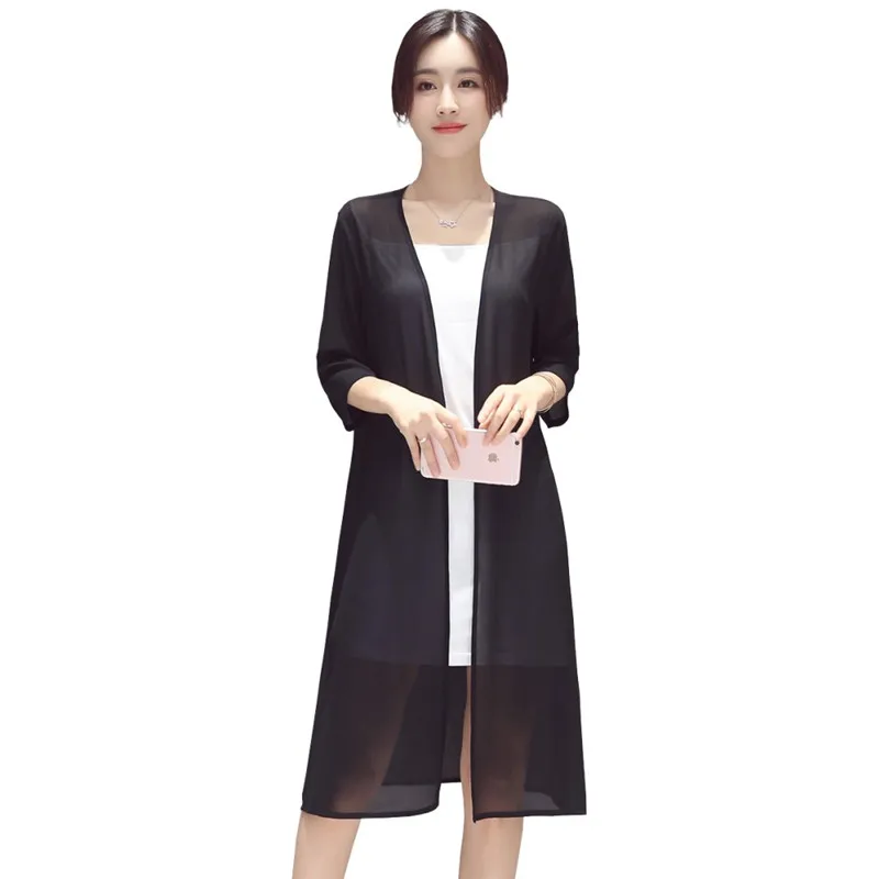 2024 nuove donne estive cardigan lungo in chiffon diviso solido casual manica a tre quarti nero blu bianco moda cardigan sottile