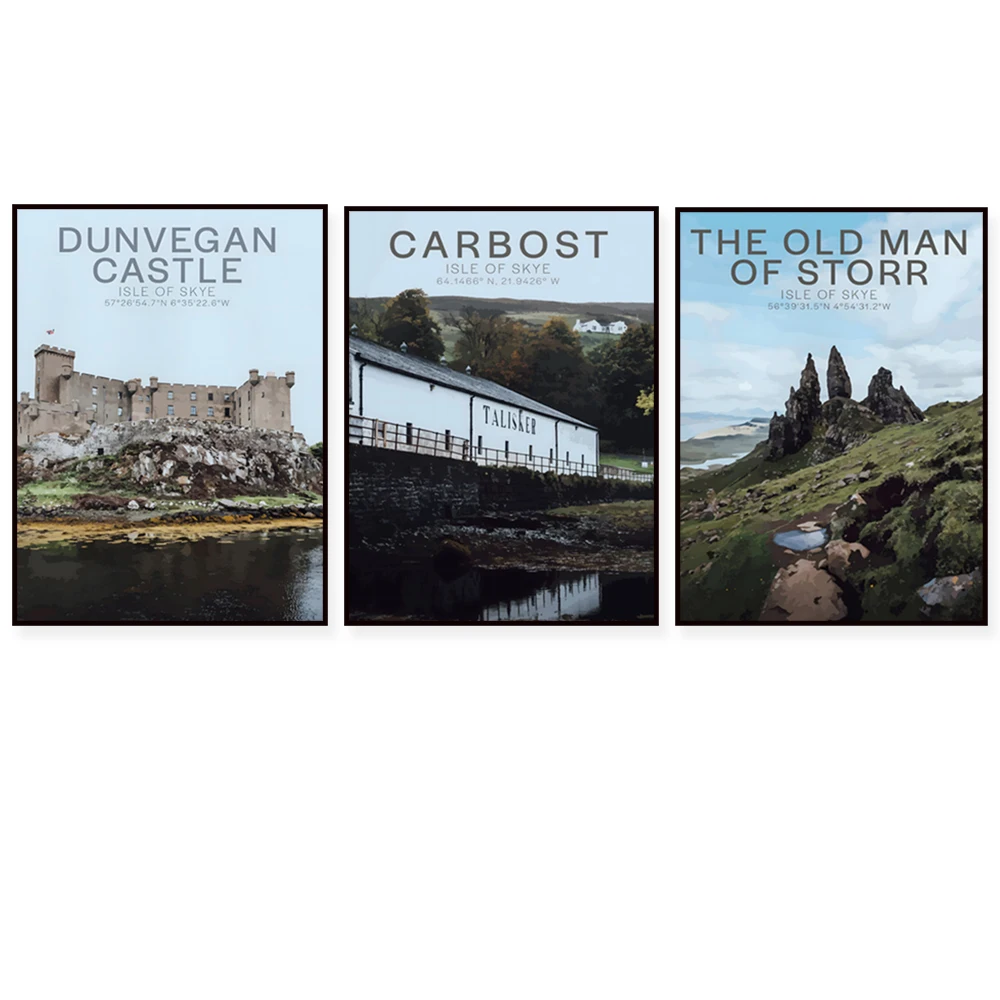 Carbost, Talisker, Castillo Dunvegano, Piscinas de hadas, Carlins negros, Isla de Skye, Highlands escoceses, impresión de carteles de viaje de Escocia
