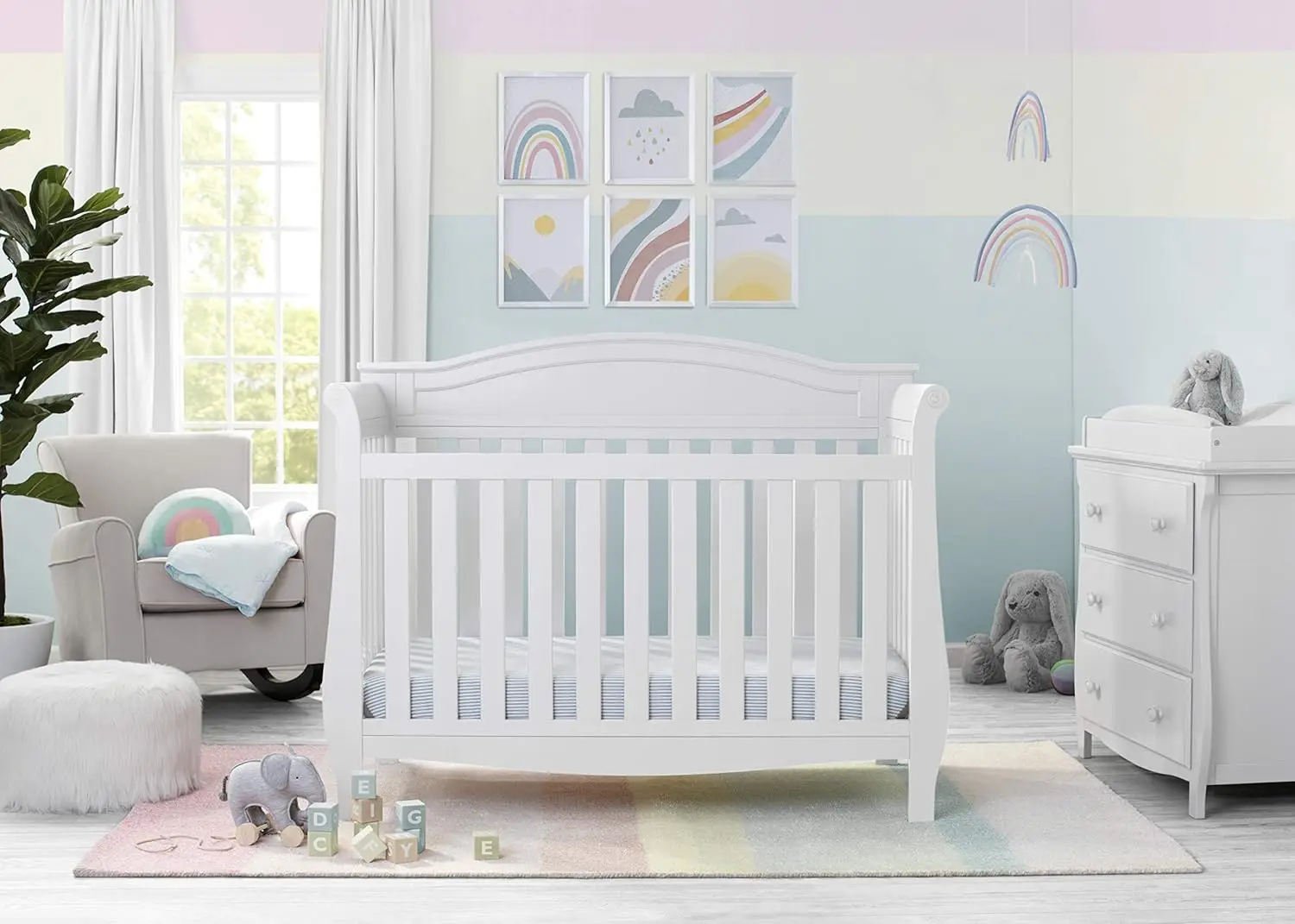 Delta Children Lancaster 4-In-1 Convertible Baby Crib, Bianca White + Serta Perfect Slumber Dual Sided Recycled Fiber Core Crib