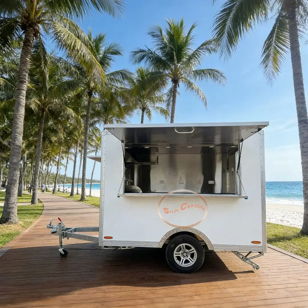 

Fiberglass Mobile Food Truck Trailer, Commercial Catering Cart, Stainless Steel Interior and Serving Window