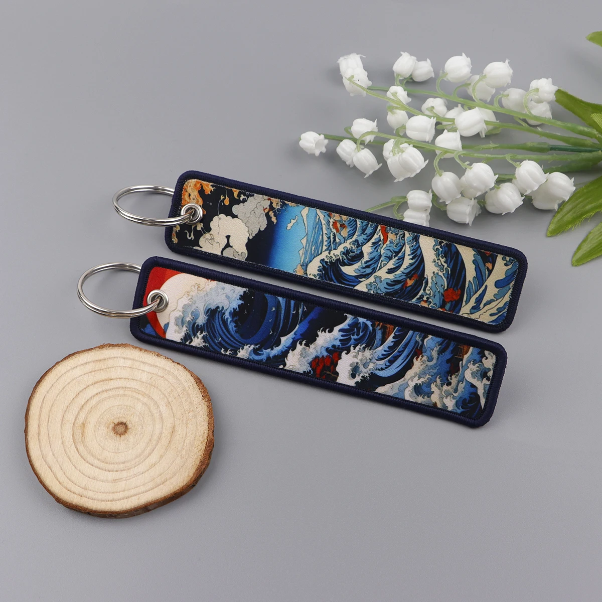 Japanese Waves Embroidery Key Fobs Art Painting Key Tags Keychain For Motorcycles Cars Key Ring Accessories Chaveiro Jewelry