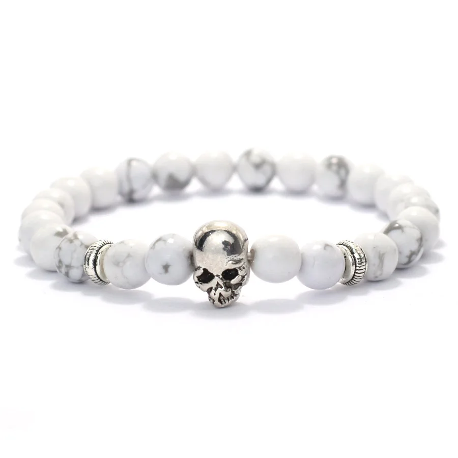 Retro Halloween Skull Bracelet For Men 8mm Lava Tiger Eyes Hematite Healing Braclet Hiphop Accessories Cycling Braslet Homme