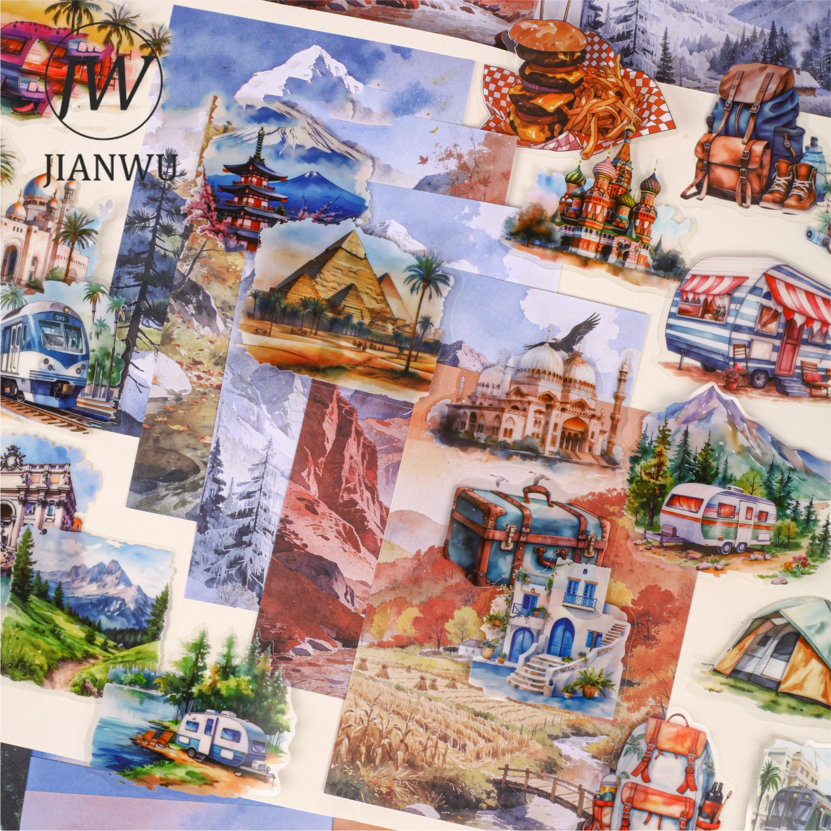 JIANWU Mountain Wilderness Companion Series Vintage Travel Castle Landscape Collage Material Creative Journal Stationery