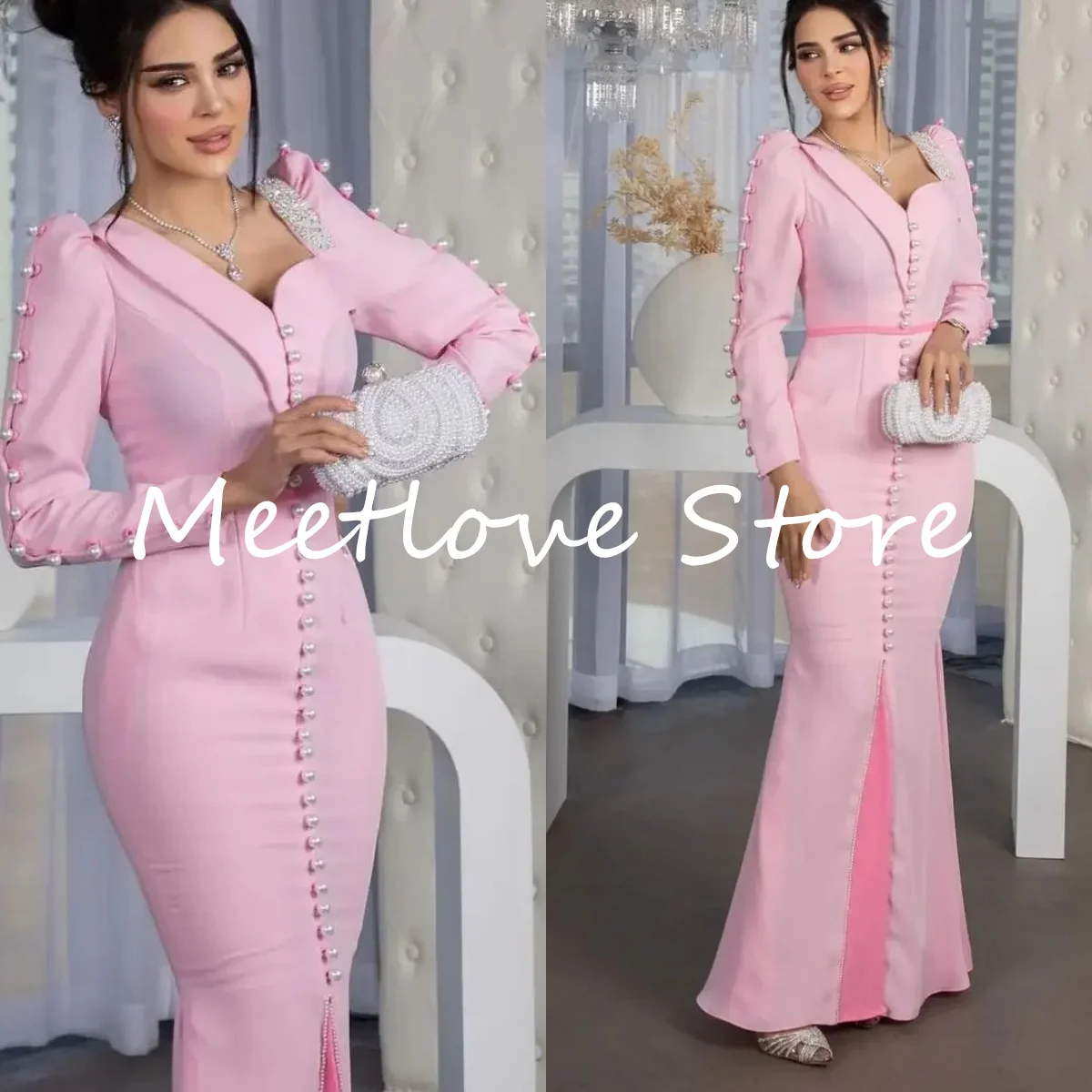 Meetlove Pink Sexy Prom Dress Pearls Long Sleeves Saudi Arabia Formal Women Evening Dresses Black Zipper Trumpet Wedding Party