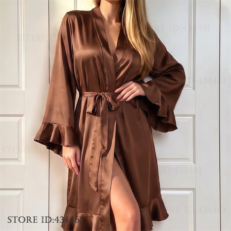 Elegant Ruffle Bride Wedding Robe Dress Sexy V-Neck Ice Silk Nightgown Kimono Bathrobe Gown Loose Casual Homewear Loungewear