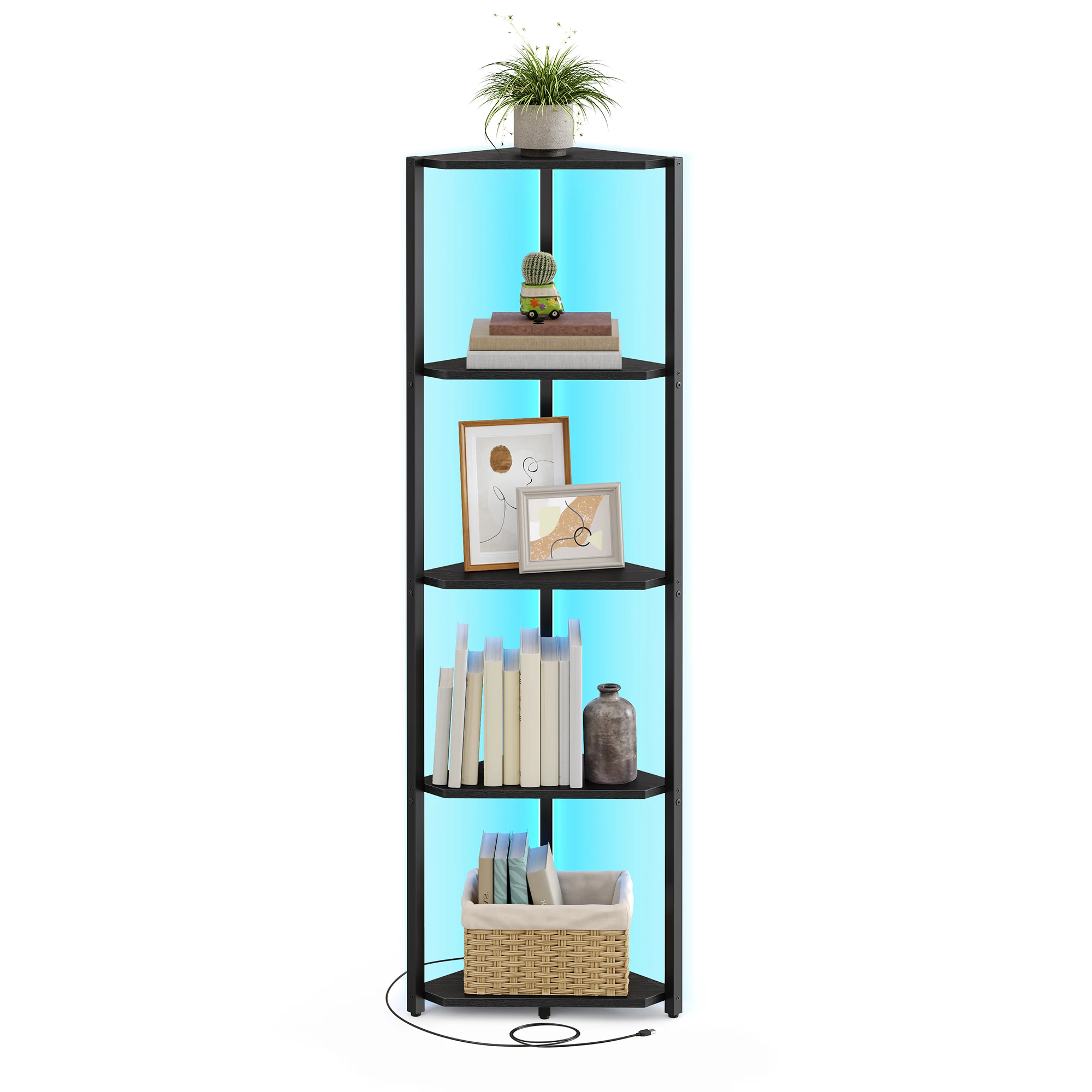 VASAGLE Hoekplank met 5 niveaus, verstelbare boekenkast met LED-verlichting, plank met stalen frame, 24,8x48x146,6 cm
