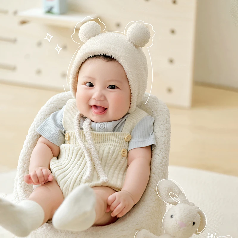 Infant Photography Clothes Cute Bear Hat + Short Sleeves + Knitted Jumpsuit Set Soft Rabbit Doll 100 Days Baby Photoshoot Props