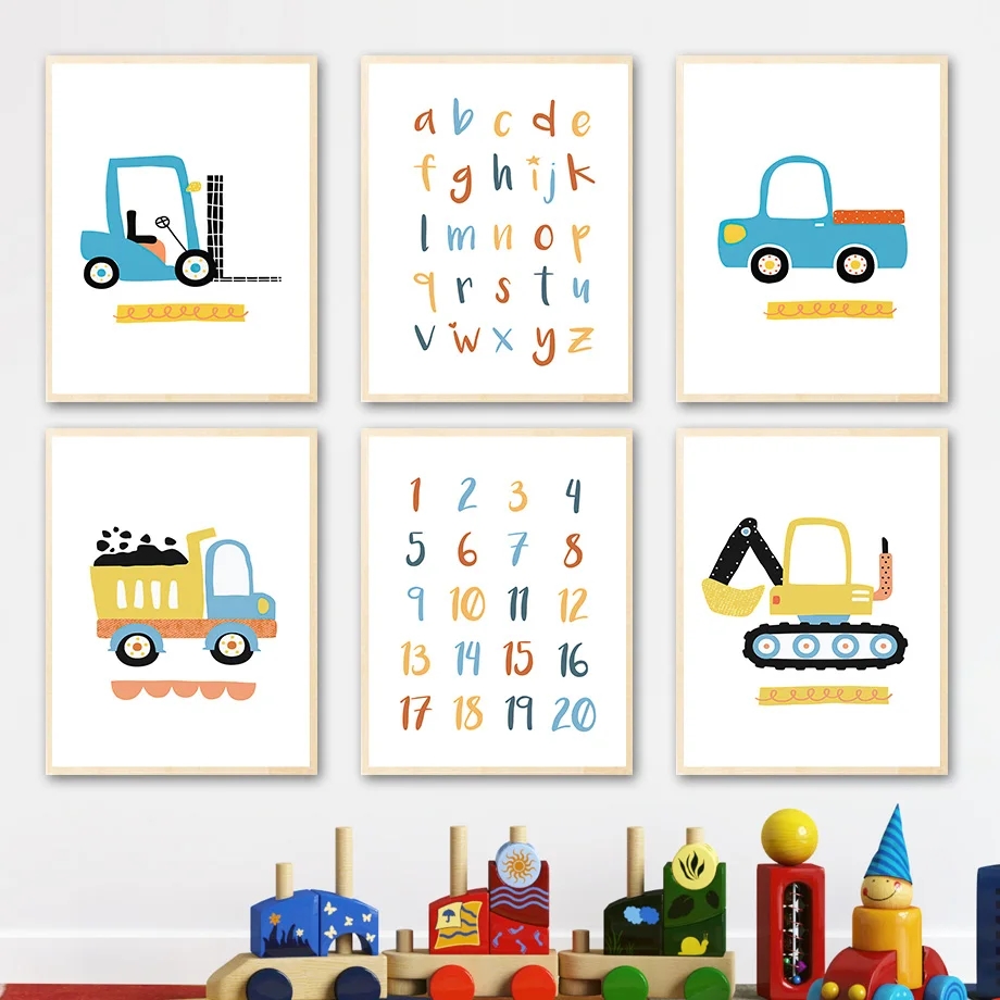 

Cartoon Number ABC Car Truck Excavator Wall Art Canvas Painting Nordic Posters And Prints Wall Pictures Kids Boy Baby Room Decor