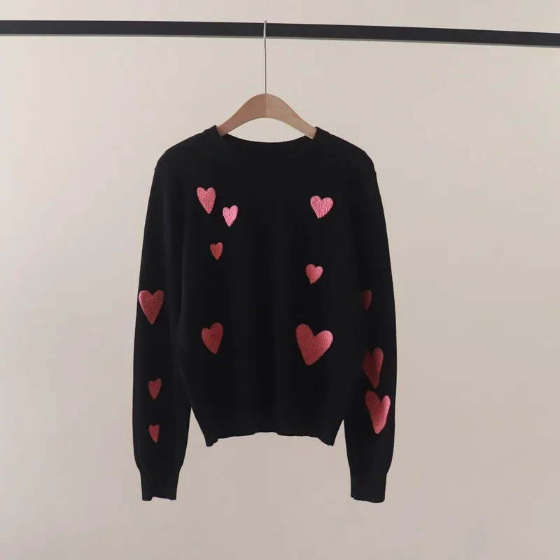 Autumn and Winter New Cute Youth-Looking Full-Body Love Flocking Embroidered Crew Neck Long-Sleeved Knitted Sweater Pullover Bot