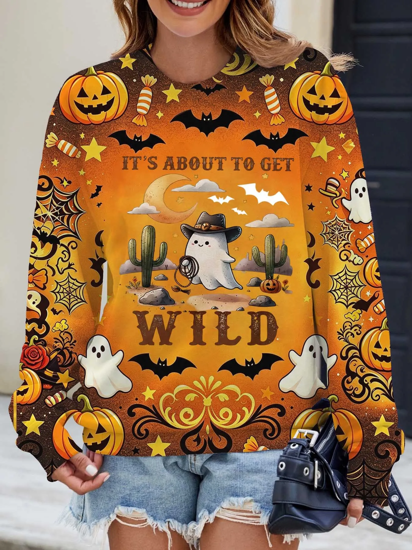Women Round Neck Long Sleeve T-shirt Fashion New Street Top Halloween Ghost Pumpkin Print Casual Autumn Ladies Daily Clothes