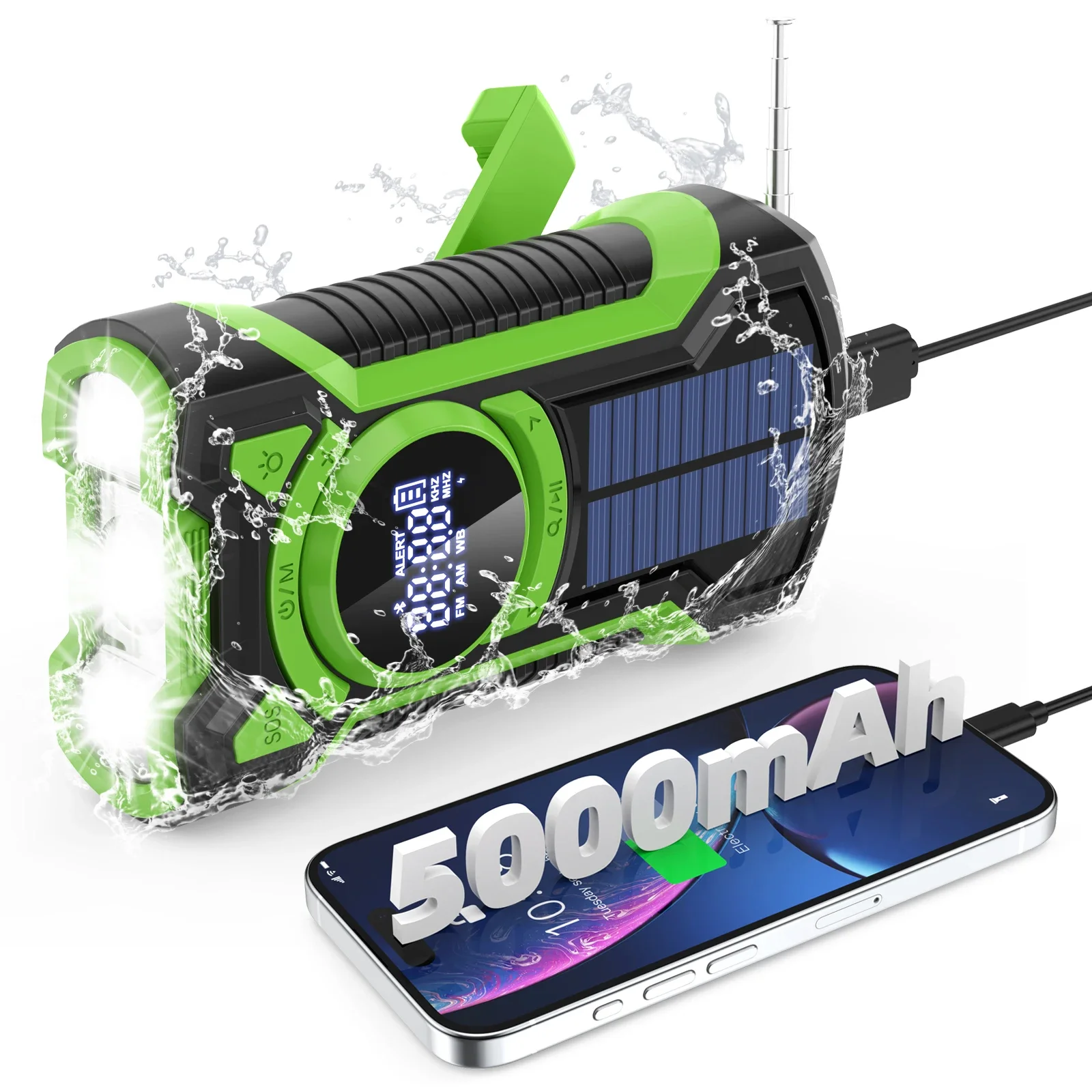 Emergency Radio Hand Crank Solar 5000mAh, IP65 Waterproof Dustproof Bluetooth 5.3 Portable AM/FM/NOAA Weather Alert Radio