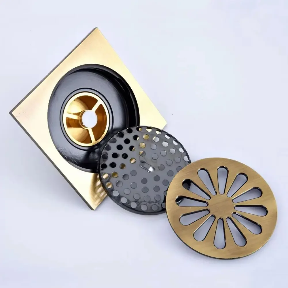 Antique Brass Vintage Carved Flower Pattern Bathroom Shower Drain 4
