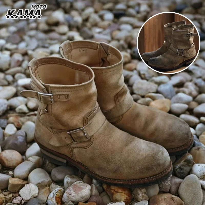 

HOT Handmade Suede Work Boots Men and Women Engineer Ort Shoes American Retro Motorcycle Boot Outdoor Riding Faded Mid-Calf Boot