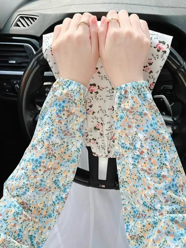 New Floral Ice Silk Long Sleeves Women's Summer Elastic Arm Protector Loose Large Size Sleeve Covers for Riding And Working