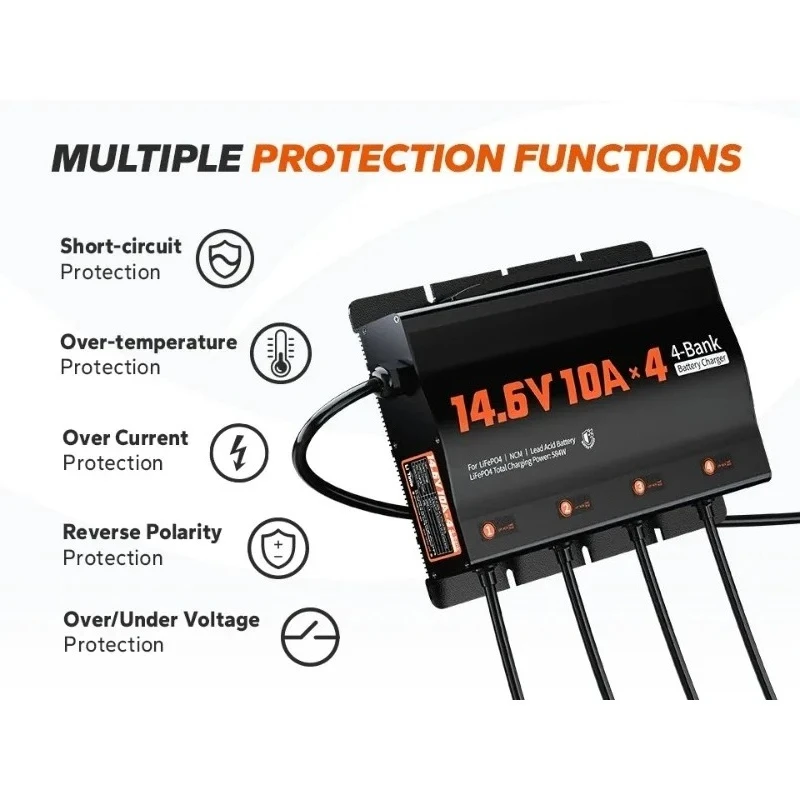 IP65-Rated 168Wx4 4-Bank Lithium Battery Charger With LED Indicator LiFePO4 L11.93*W9.08*H2.64 Inch