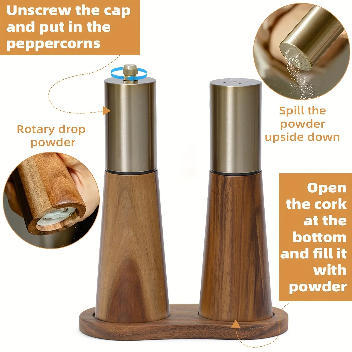 Wooden Pepper Grinder Manual Ceramic Core 304 Stainless Steel Multi Use Kitchen Tool for Salt Spices