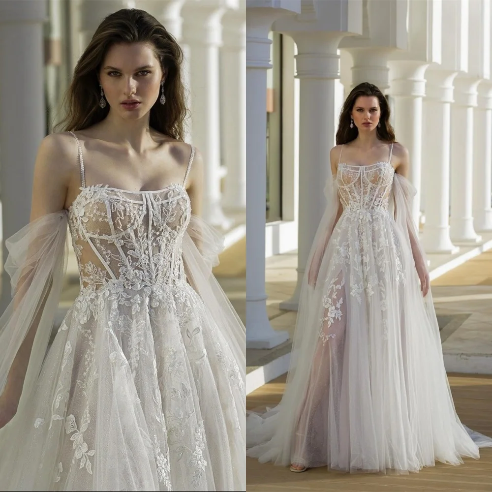 تخصيص جودة عالية الأبيض الأورجانزا فستان الزفاف الأنيق حمالة السباغيتي الأشرطة الشريط فستان ذيل شابيل أثواب الزفاف