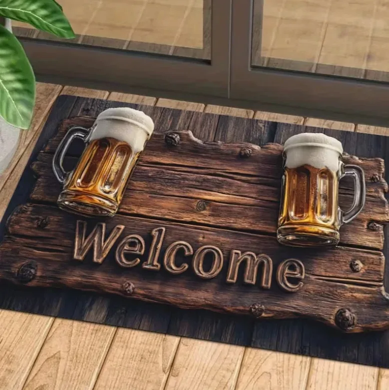 Beer Mug Welcome Mat, Retro Wood Plank Pattern Doormat for Bar Man Cave Porch Indoor Outdoor Entry ﻿