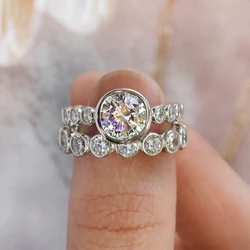 Huitan Full Round Cubic Zircon Promise Rings Women Luxury 2Pcs Set Wedding Trend Female Accessories Silver Color Fashion Jewelry