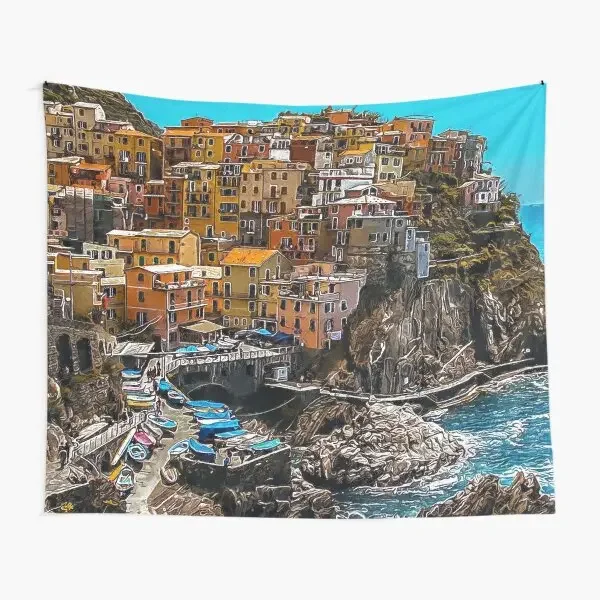 Europe Italy Cinque Terre Tapestry Cliff Coastline Tapestry Nature Landscape Tapestry Wall Hanging for Home Bedroom Living Room