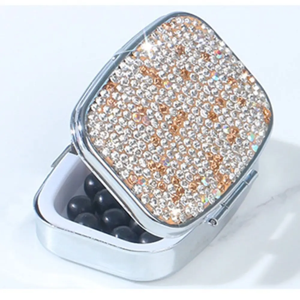 Caja de joyería portátil con espejo HD con incrustaciones de diamantes de imitación, Mini pastillero impermeable, caja de almacenamiento brillante multifuncional para viaje