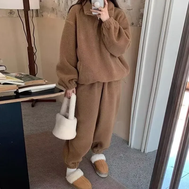 Loose Elastic Waist Binding Leg Loungewear Female Autumn and Winter Can Be Worn Outside Warm Lamb Wool Zipper Thickening Type