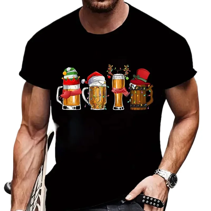 

Fashion Merry Christmas Beers Graphic T Shirts for Men Fashion Trend Drinking Beer Printed Tees Funny Christmas Party Shirt Tops