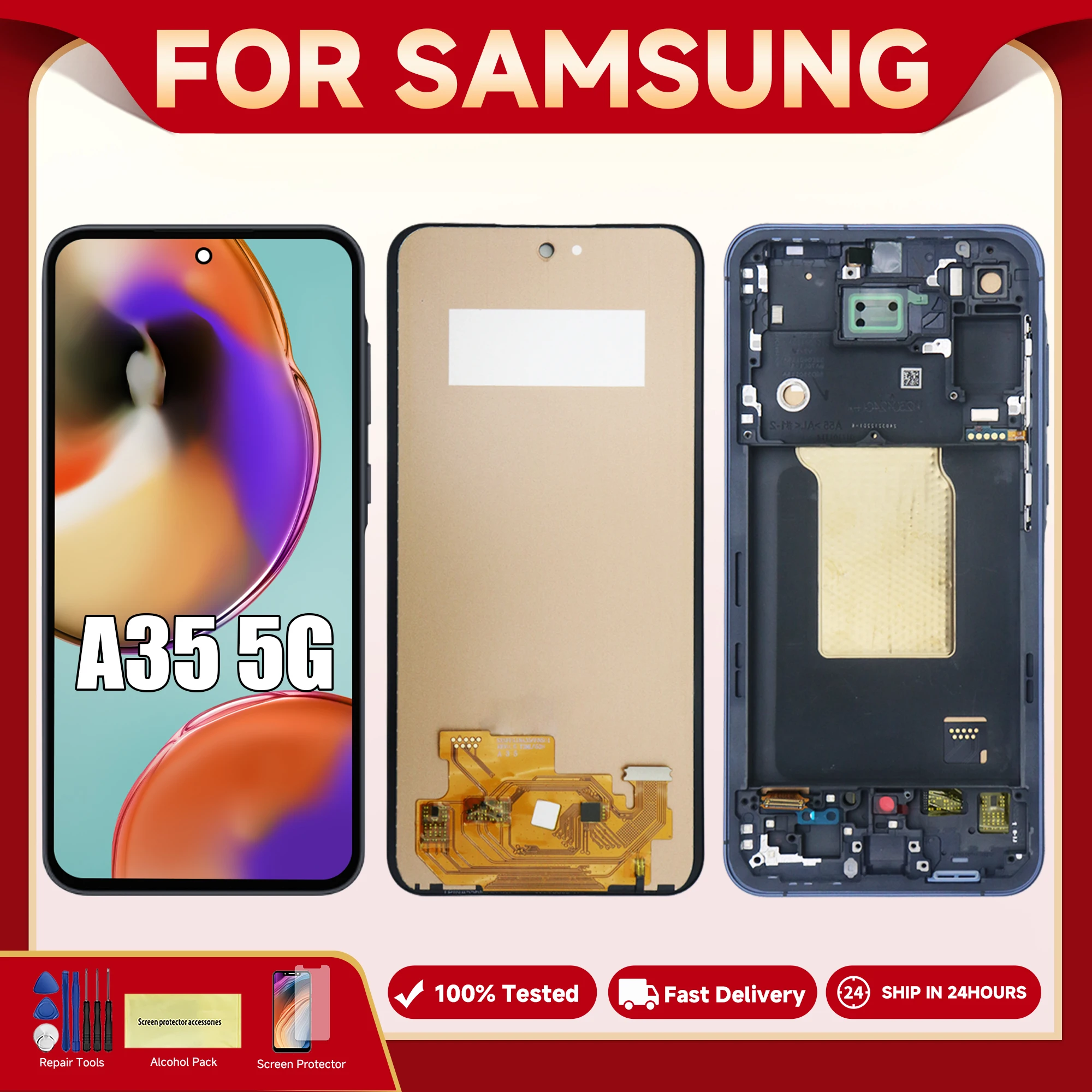 AMOLED For Samsung A35 A356B A356E A356U LCD Display Touch Screen with Frame, For Samsung A35 5G LCD