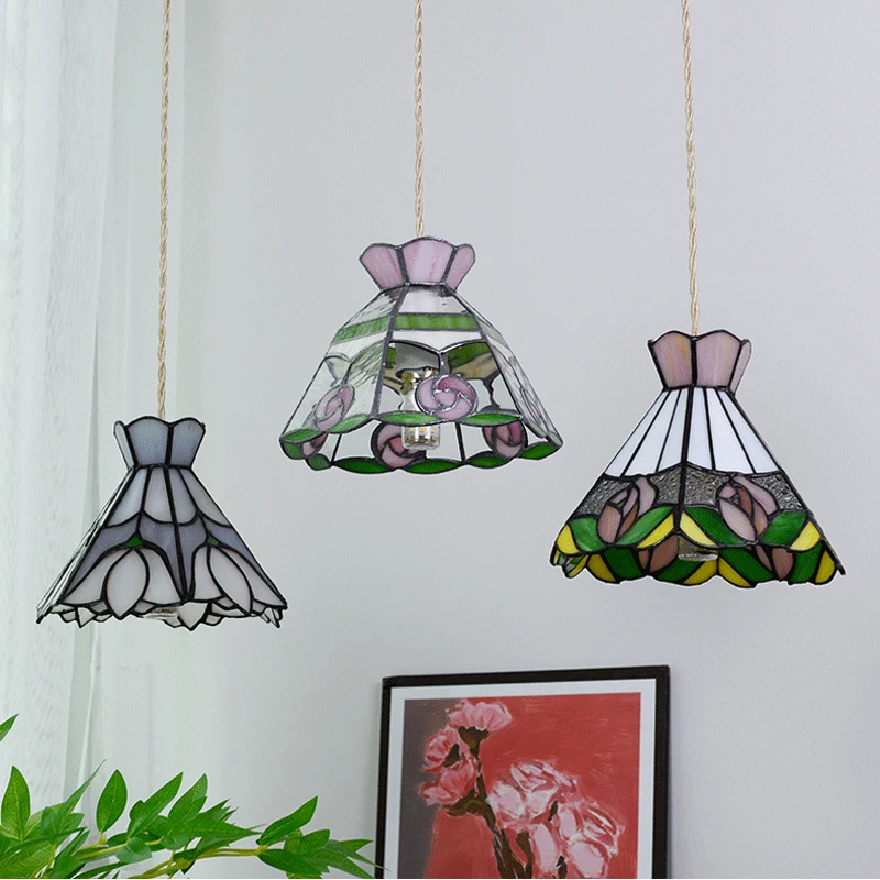 Color Tiffany Glass Pendant Light Industrial Loft Hanging Lamp Ceiling Chandelier Lighting Living Room Dining Kitchen Restaurant
