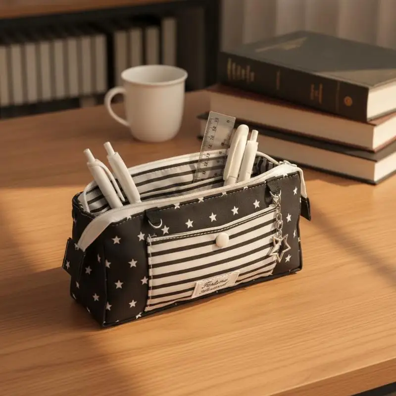 Multi-Layer Large Capacity Korean Pencil Case Star Striped Print Stationery Holder for School Students Office Workers