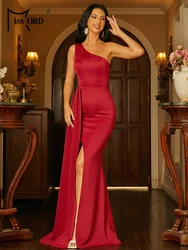 Missord Elegant Red Long Evening Dresses Women One Shoulder Sleeveless Bodycon Thigh Split Draped Party Prom Dress