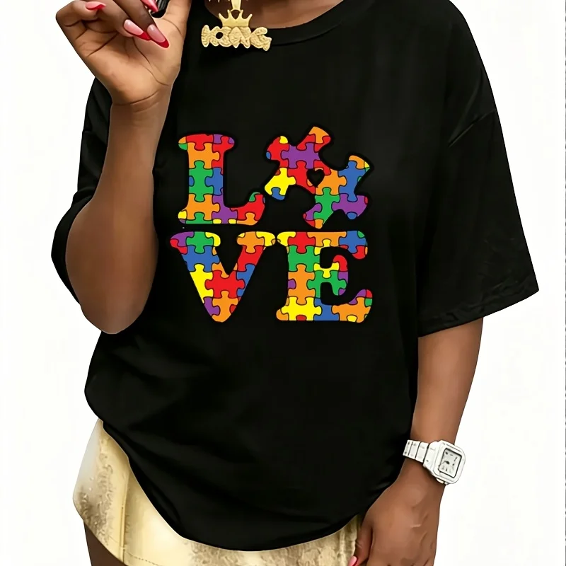 Autism Awareness Puzzle Piece Women's 100% Cotton T-Shirt Short Sleeve Top Casual Round Neck Fun Print Tee S-5Xl