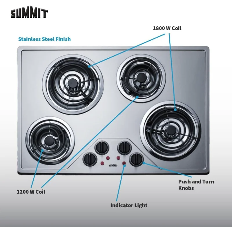 موقد كهربائي Summit 30 بوصة 4 شعلات، موقد كهربائي بملف 230 فولت، متوافق مع ADA، من الفولاذ المقاوم للصدأ - CR430SS