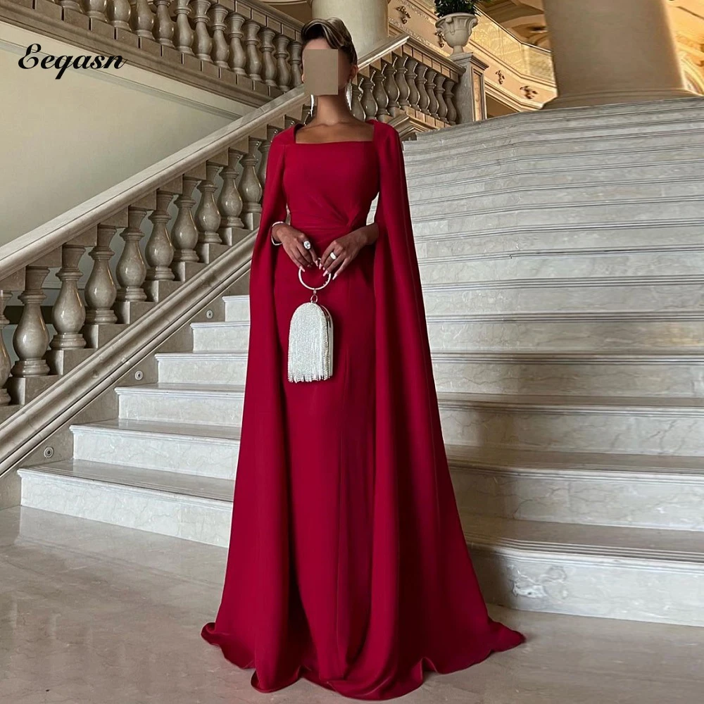 Elegant Burgundy Long Evening Dresses Saudi Arabic Women Party Formal Dress Squar Neck Prom Gowns Celebrity Wedding with Cape