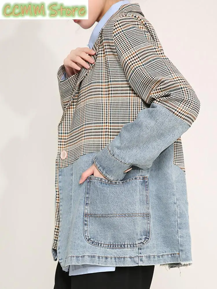 Women Blue Plaid Denim Big Size Blazer New Lapel Long Sleeve Loose Fit  Jacket Fashion Tide Spring Autumn