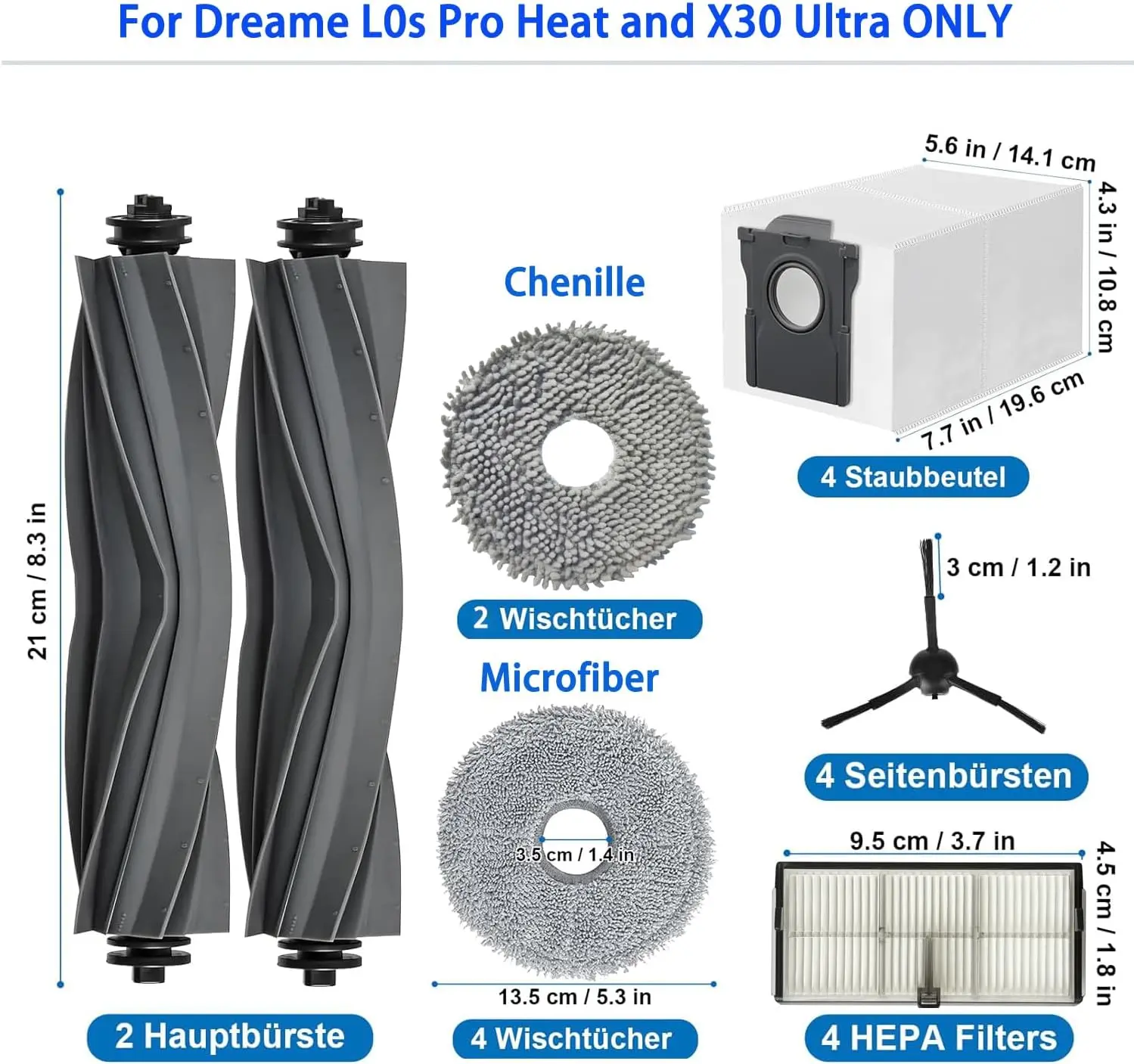 Dreame L10s Pro Ultra Heat، X30 Ultra، X30 Pro ملحقات المكنسة الكهربائية البديلة للفرشاة الجانبية الرئيسية وممسحة كيس الغبار