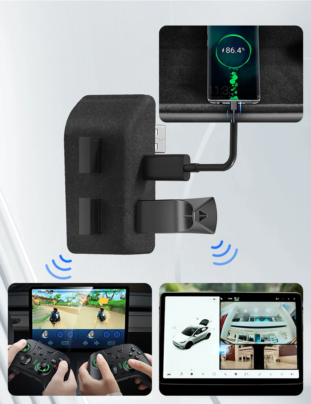 Yz caixa de luva docking station para tesla modelo y modelo 3 carregador rápido 4 usb shunt hub reunindo adaptador alimentado divisor extensão