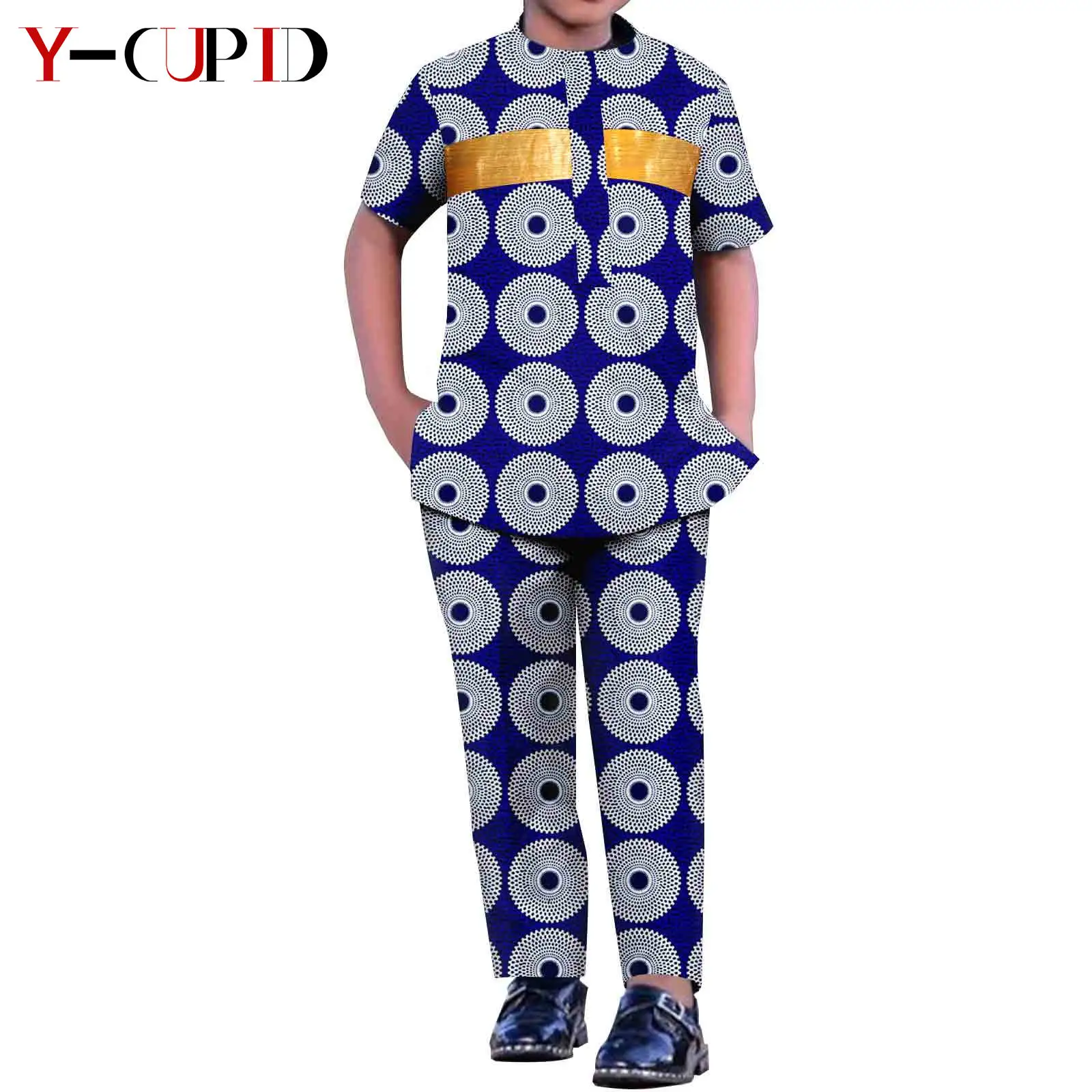 

African Clothes for Boys Kid Outfits Dashiki Summer Cotton Print Bright Silk Top and Pant Sets Bazin Children Outwear Y234014