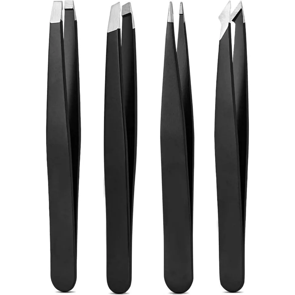 Tweezer set, high-precision stainless steel eyebrow tweezers for facial hair, suitable for men and women, 4-piece set. (Black)