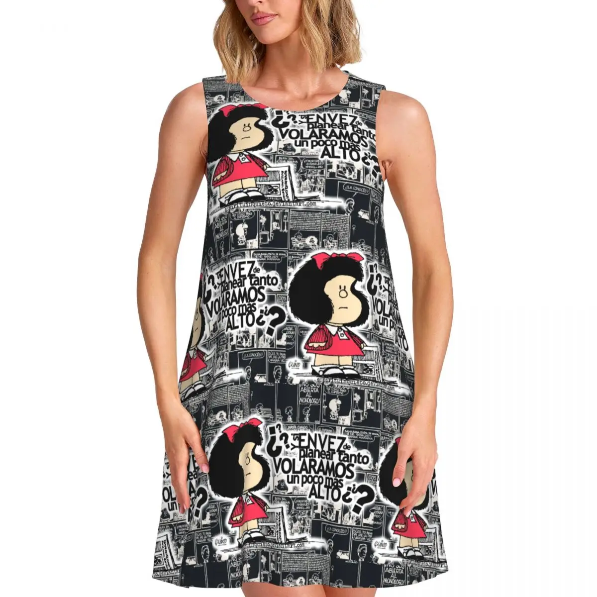 

Custom Fashion Mafaldas Kawaii Cartoon Women's Sleeveless Dress Anime Comics Sundress Casual Pockets For Travel Beach Dress