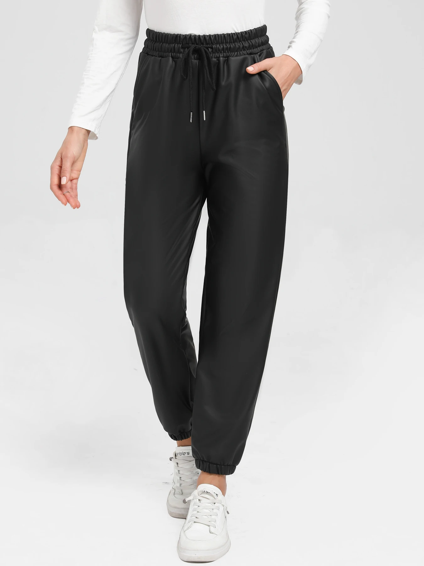 

Женские осенне-зимние теплые брюки для бега из искусственной кожи на флисовой подкладке, повседневные однотонные эластичные леггинсы с высокой талией на шнурке