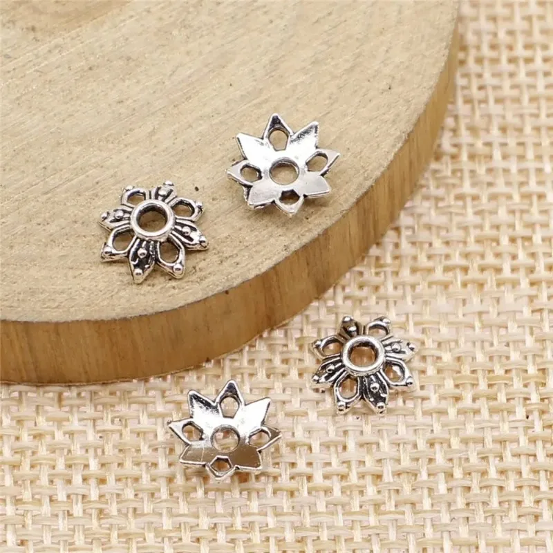 400 Stück antiksilberfarbene Blumen-Perlenkappen 9x9 mm für DIY-Halsketten, Armbänder, Schmuckherstellung im Großhandel – Detail 2