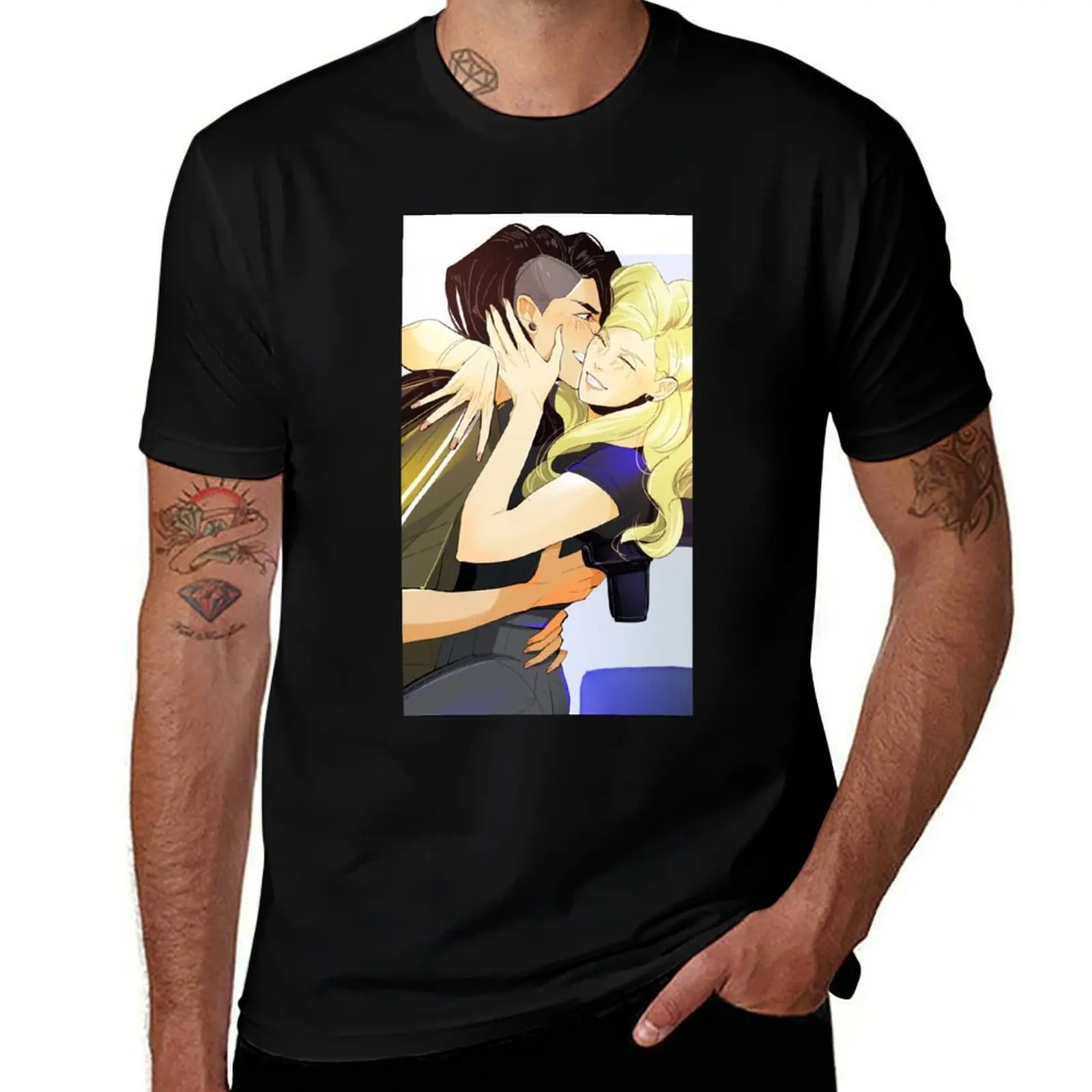 Mitsu and Celia hug Blindfold Mashersan T-Shirt Work Duty Casual T-Shirt