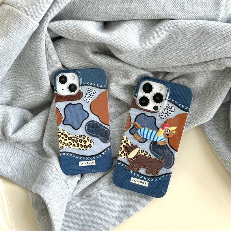 Embroidery Dachshund puppy Denim Leopard art Phone Case For iPhone 15 14 13 12 Pro Max Case Cute luxury Cartoon shockproof Cover