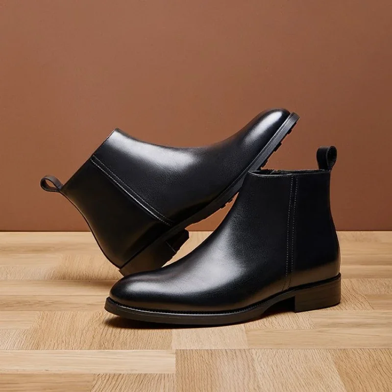 

Men's Winter Genuine Cowhide Leather Chelsea Boots High Top British Style Business Formal Shoes for Autumn Winter
