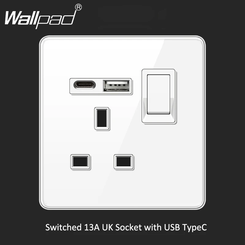 Full White Glass Fast Charge 13A UK Brithsh Saudi Universal Switched Wall Socket with USB Type A C Outlet CE UKCA Rosh Proved