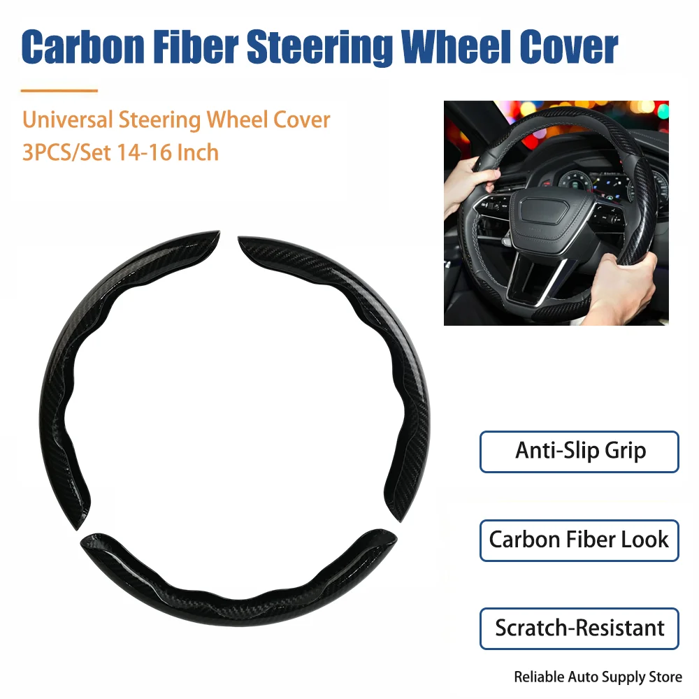 Anti-Slip Carbon Fiber Steering Wheel Cover 3PCS Set Universal 14-16 Inch Scratch-Resistant Car SUV Truck Interior Accessories
