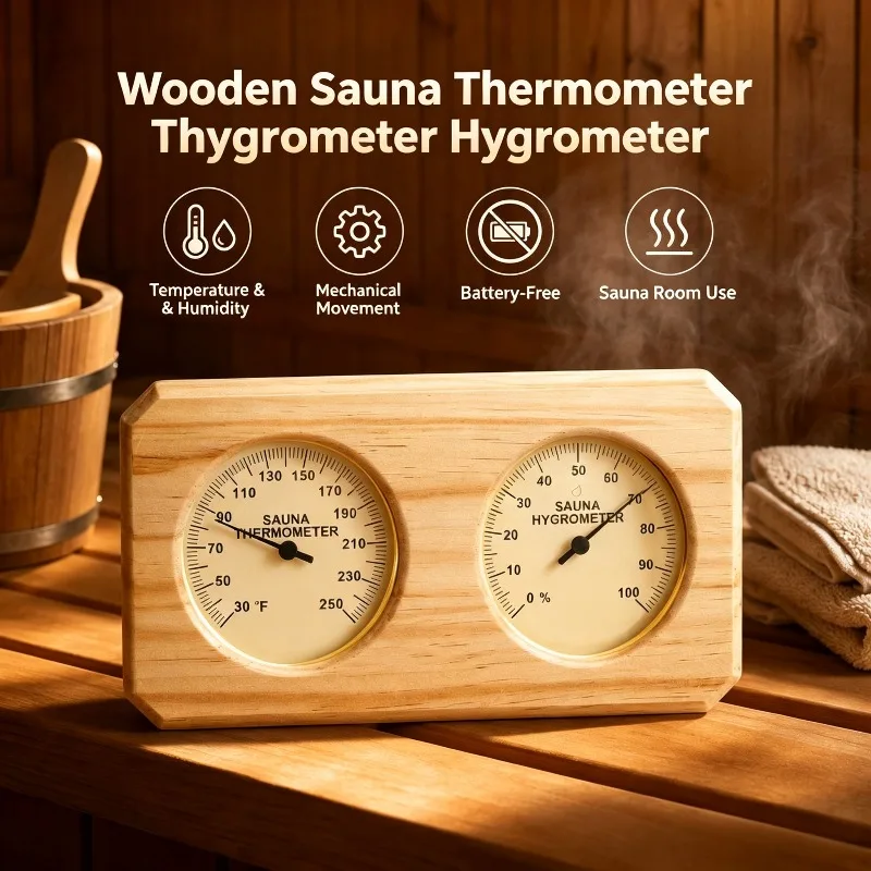 Kaitai Pine Wood Sauna Thermometer Hygrometer Mechanical Wall Mount Temperature Humidity Gauge Sauna Room Accessories