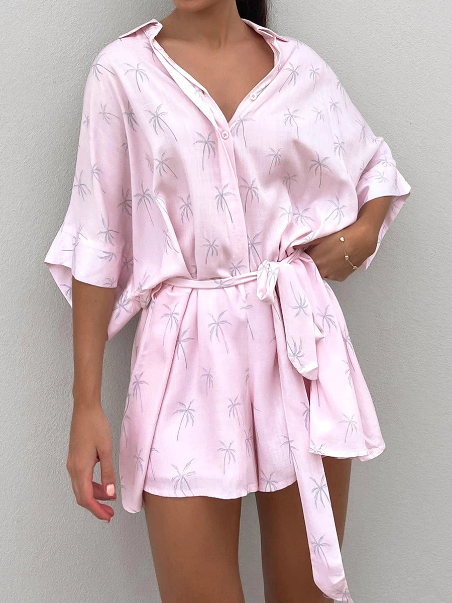 Women\'S Summer Shirt  Printed Shorts Jumpsuit Heart-Shaped/Tree Shaped/Dot Printed Sleeve Lapel Button Dwon Loose Jumpsuit